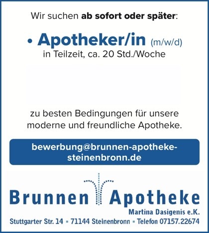 Stellenanzeige je für eine 20h-Teilzeitstelle als Apotheker (m/w/d)